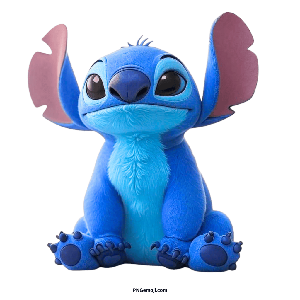 Adorable 3D Stitch character sitting with raised ears and blue fur on transparent background