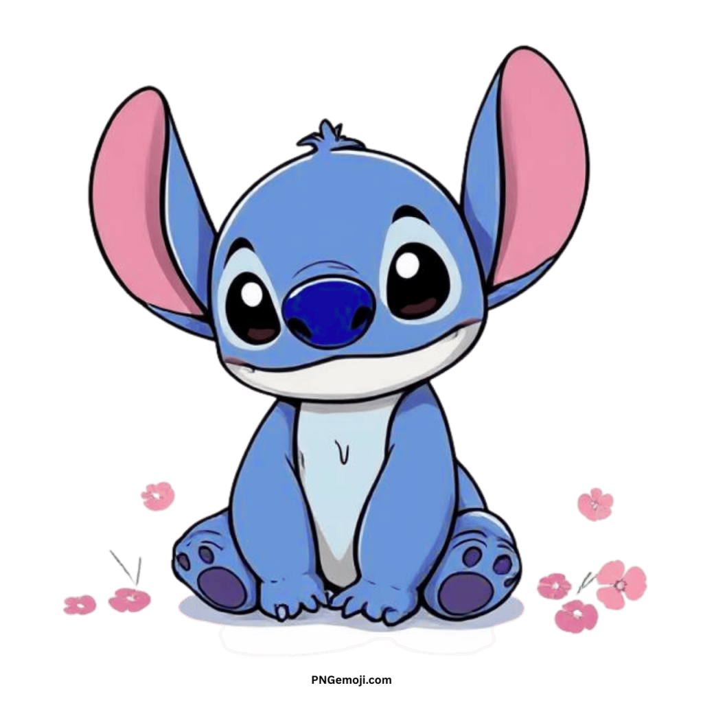 Cute Stitch PNG transparent Disney clipart with big ears, sitting pose, and pink flowers around