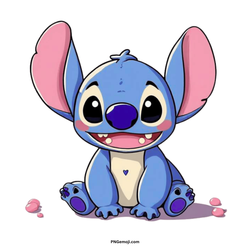Cute Stitch PNG transparent Disney clipart of blue alien sitting, smiling with pink blush cheeks and big ears