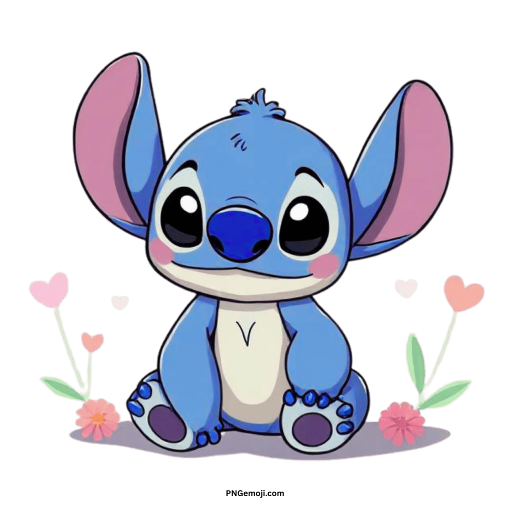 Adorable Stitch PNG ClipArt with flowers, hearts, blue alien character, and transparent background illustration