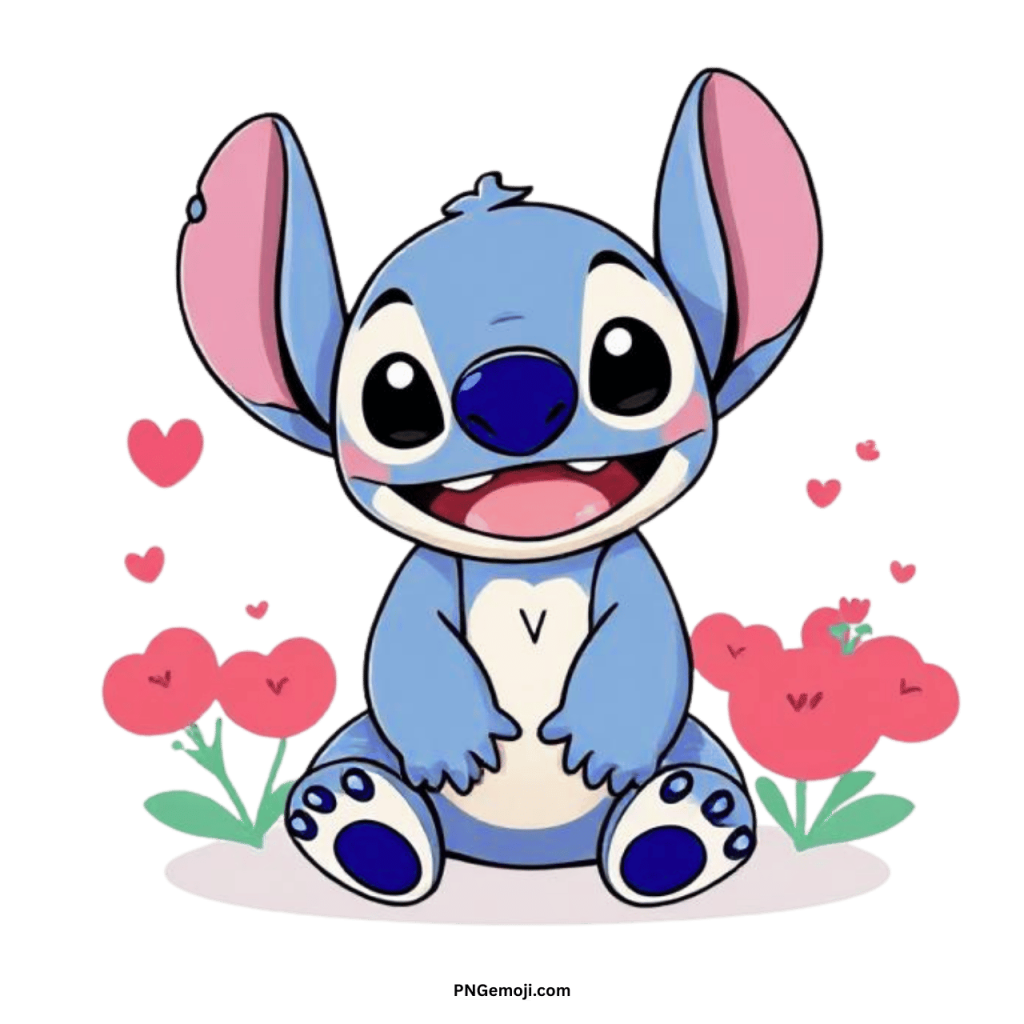 Adorable Stitch PNG transparent clipart vector with pink hearts and flowers from Disney cartoon