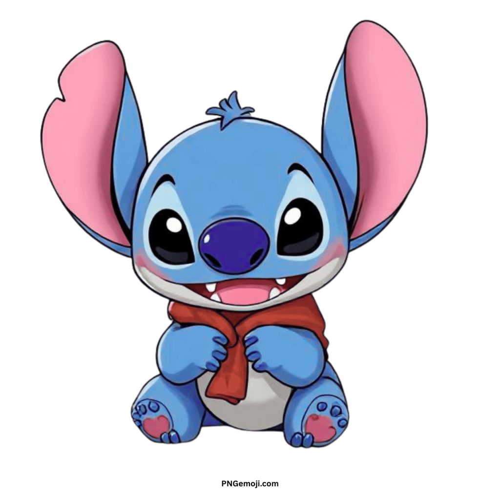 Adorable Stitch PNG transparent clipart vector Disney character wearing red scarf with big ears and smile