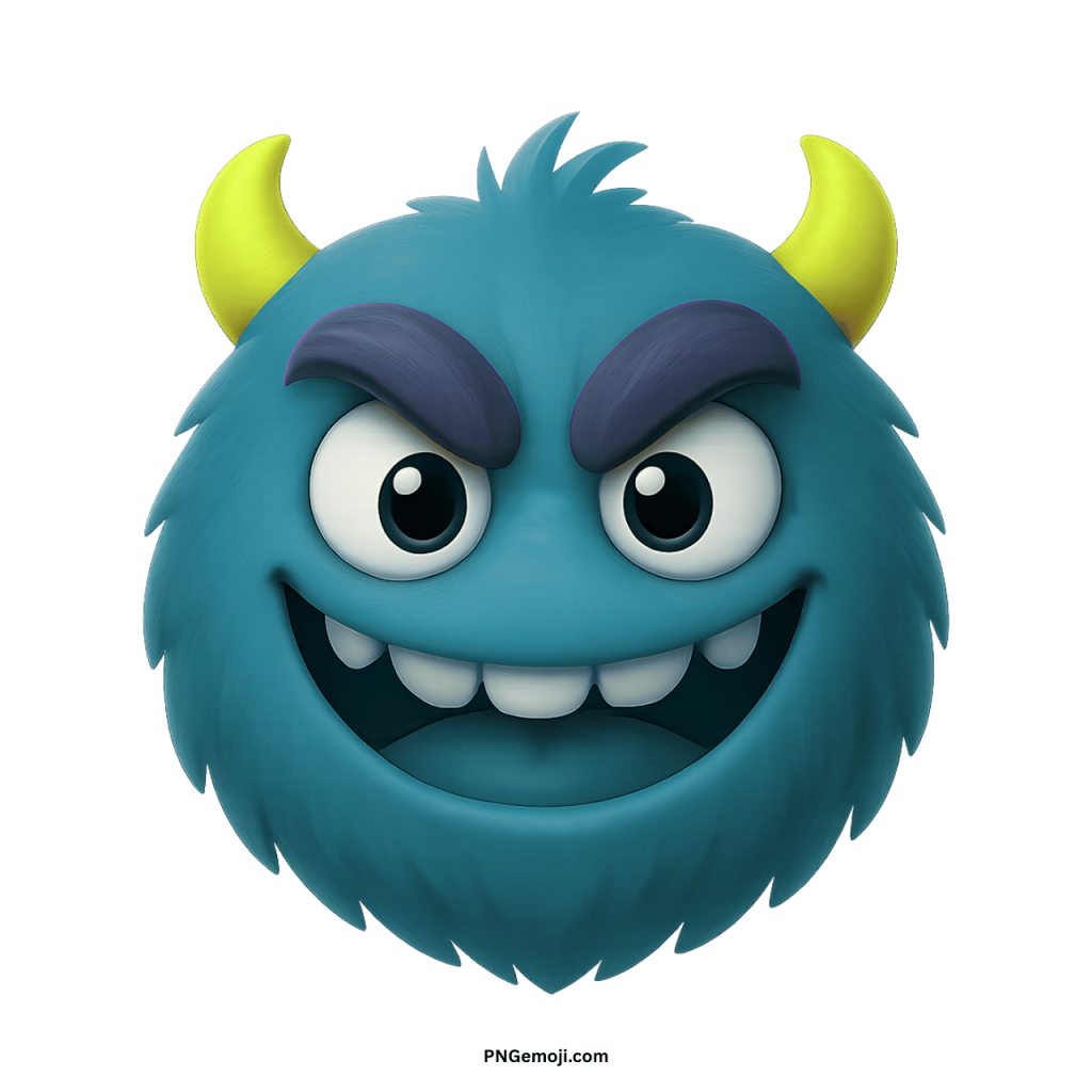 Dark blue furry enemy monster emoji with yellow horns, bold eyebrows, and mischievous wide grin
