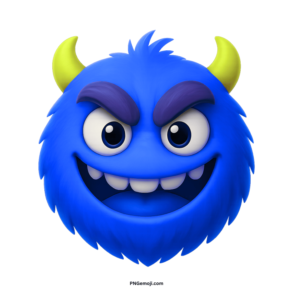 Blue furry enemy monster emoji with horns, sharp teeth, and mischievous scary face expression