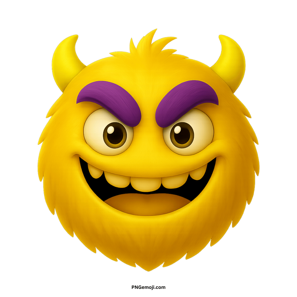 Yellow furry enemy monster emoji with horns, purple eyebrows, and mischievous smiling face