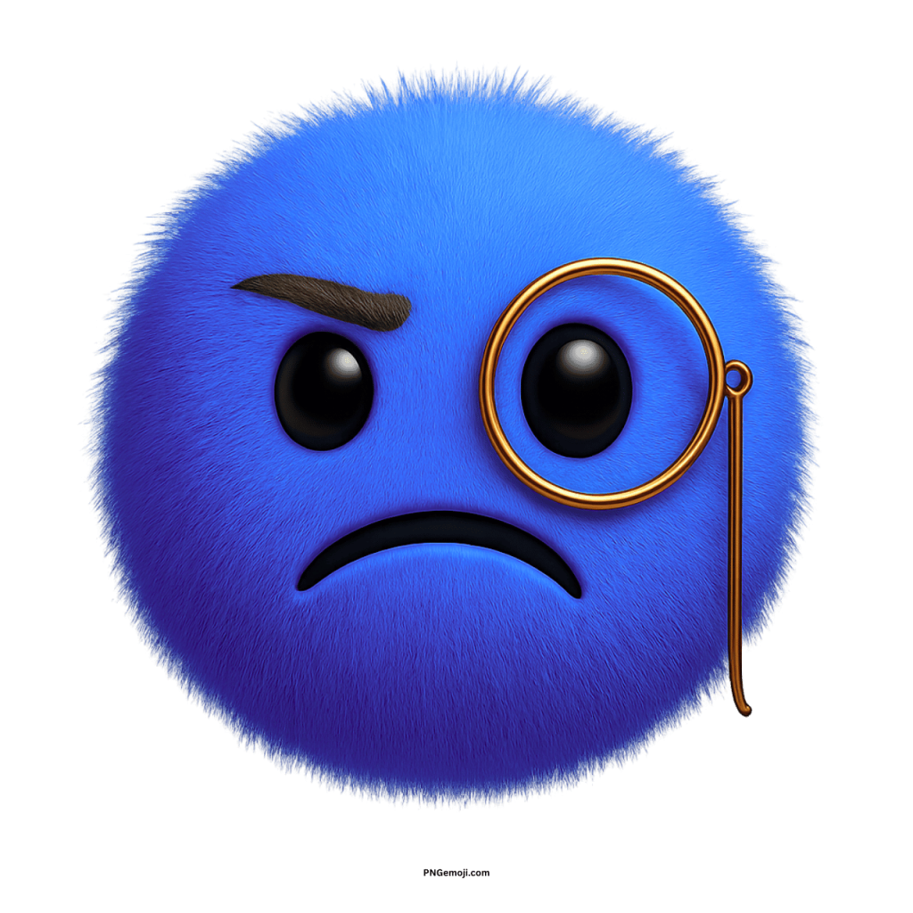 Fluffy blue emoji with monocle and serious expression, symbolizing doubt or suspicion.