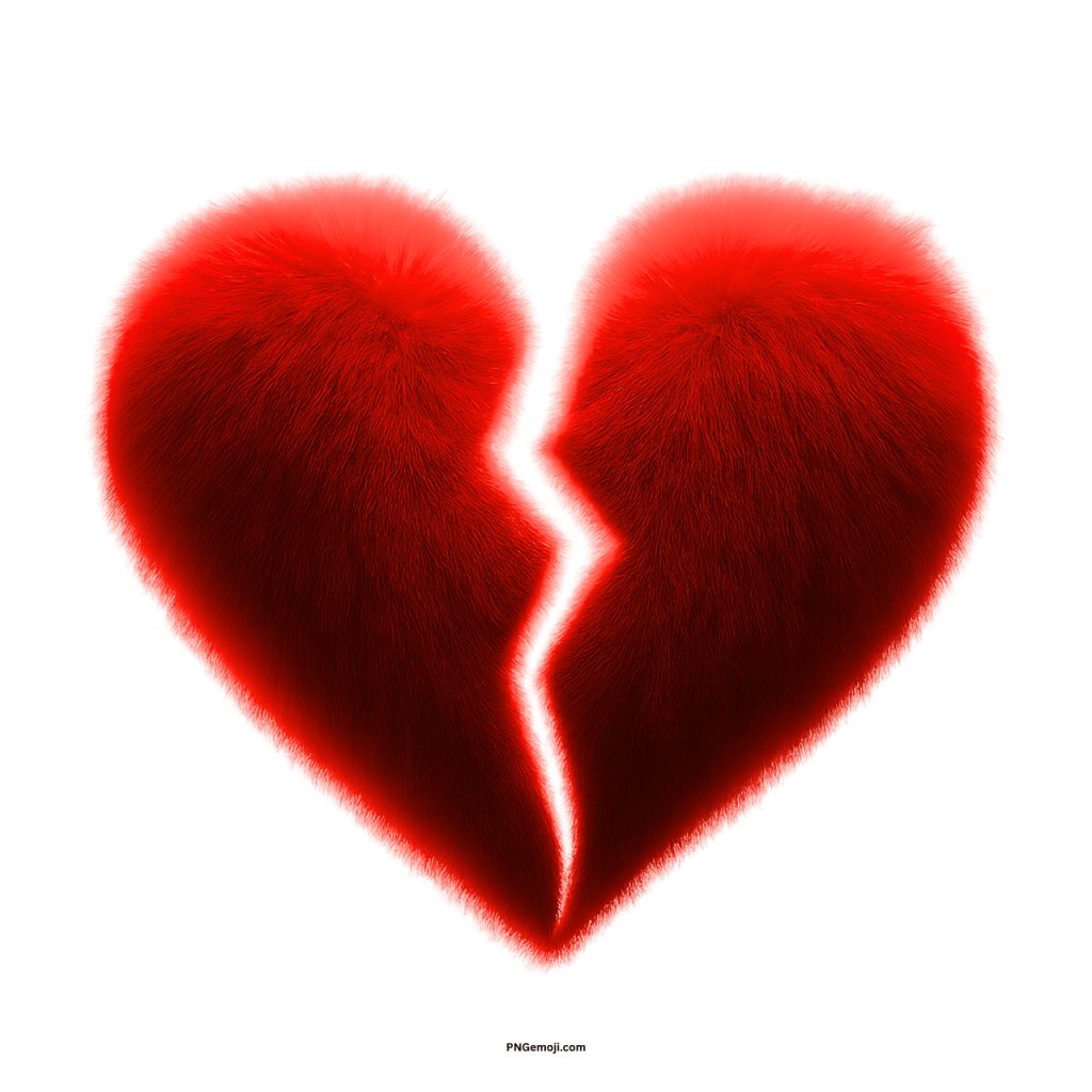 Fluffy red broken heart emoji PNG symbolizing sadness, heartbreak, or emotional pain.
