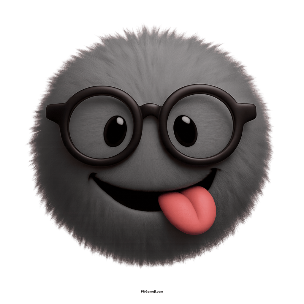 Fluffy gray emoji with round glasses and tongue sticking out playfully
