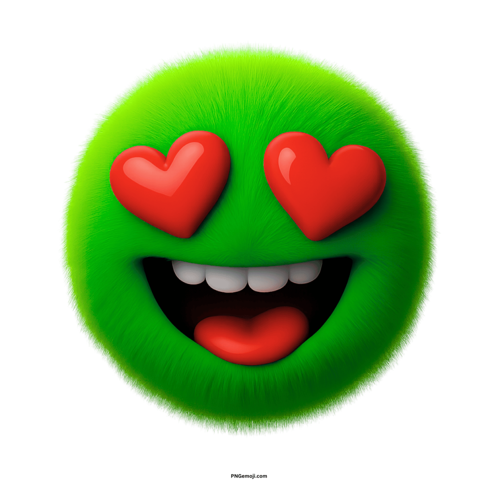 Fluffy green emoji with red heart eyes and happy smiling face