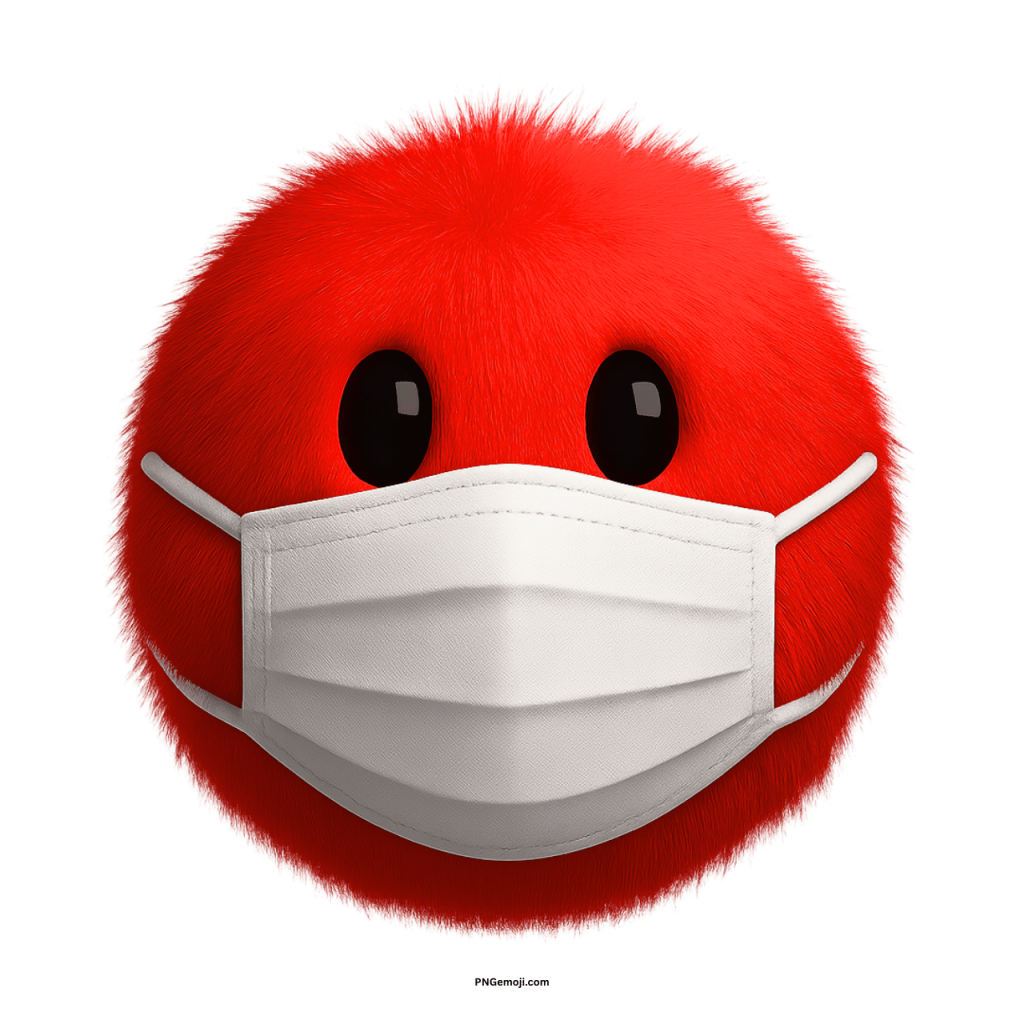 Fluffy red emoji with black eyes wearing a white protective face mask
