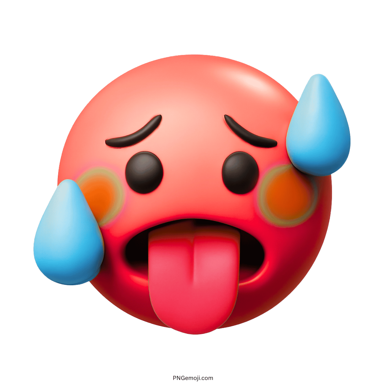 Flushed face with sweat and tongue out, showing heat or discomfort.