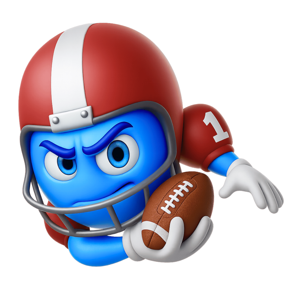 Blue football smiley emoji in red helmet holding ball with determined expression
