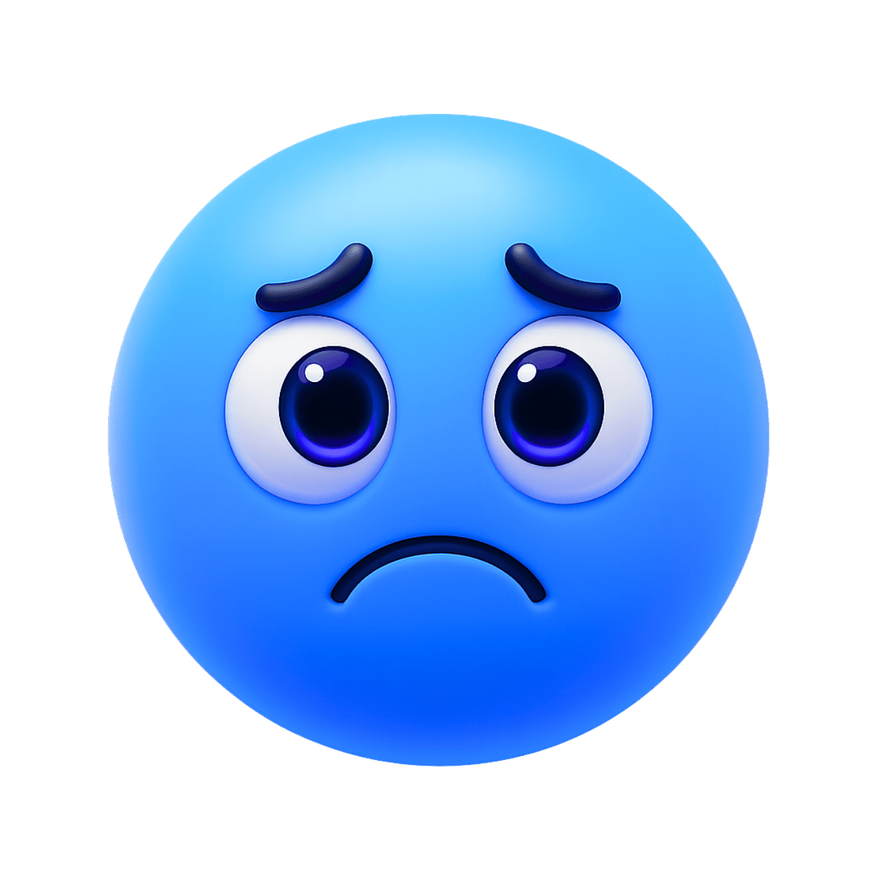 3D blue frown emoticon emoji with sad face expression and worried eyes