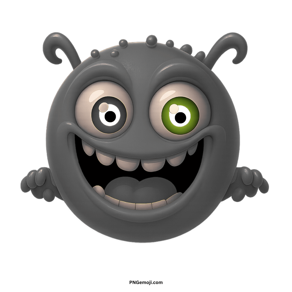 Gray alien monster emoji with big eyes, wide grin, and silly cartoon expression.