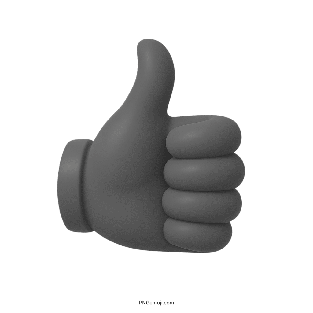3D gray thumbs up emoji gesture symbol on transparent background.