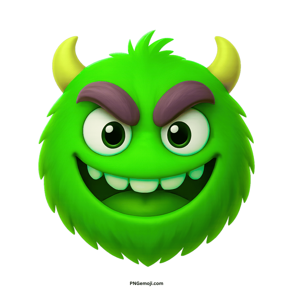 Green furry enemy monster emoji with horns, thick eyebrows, and mischievous smiling cartoon face
