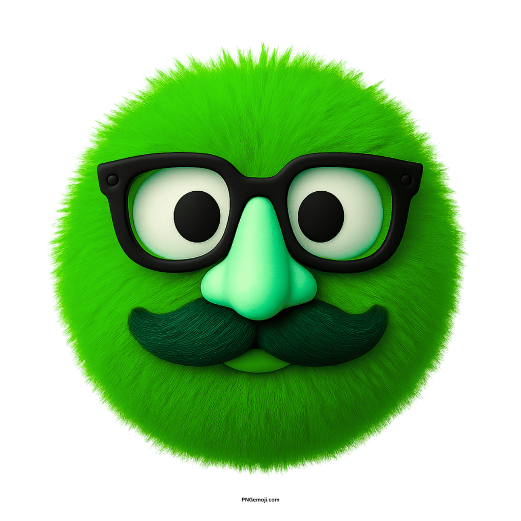 Funny green furry emoji face with glasses, mustache, and cartoon disguise look