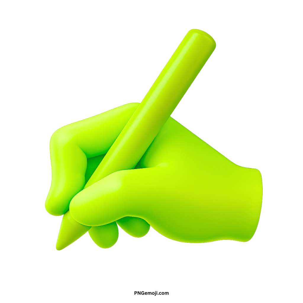 Green hand emoji holding pen symbol for notes, writing, creativity, and digital expression.