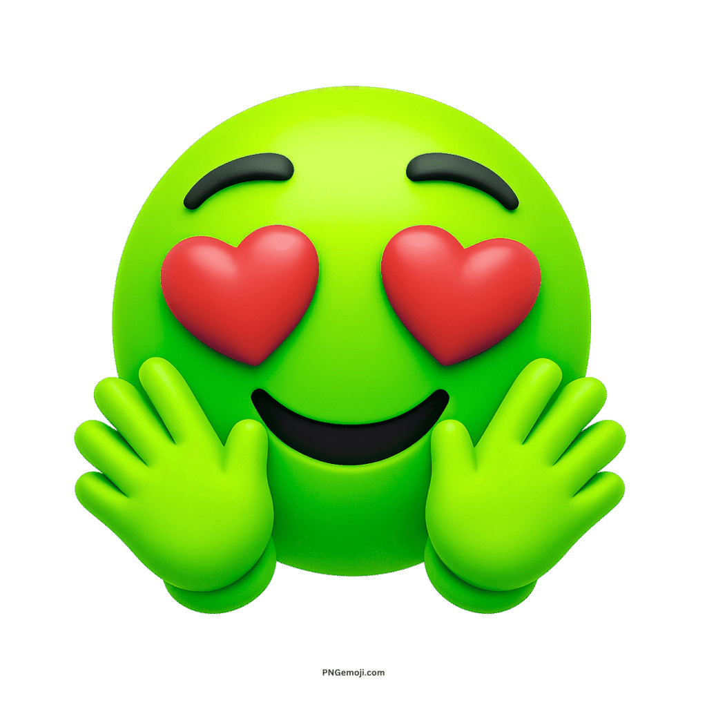 Green hugging face emoji with red heart eyes expressing love, joy, and affection