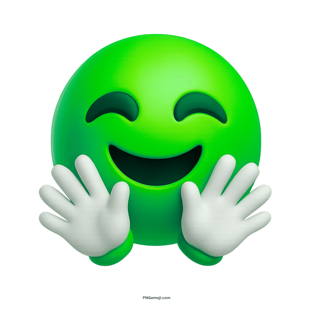 3D green smiling face with open hands emoji expressing joy, hugs, and positivity