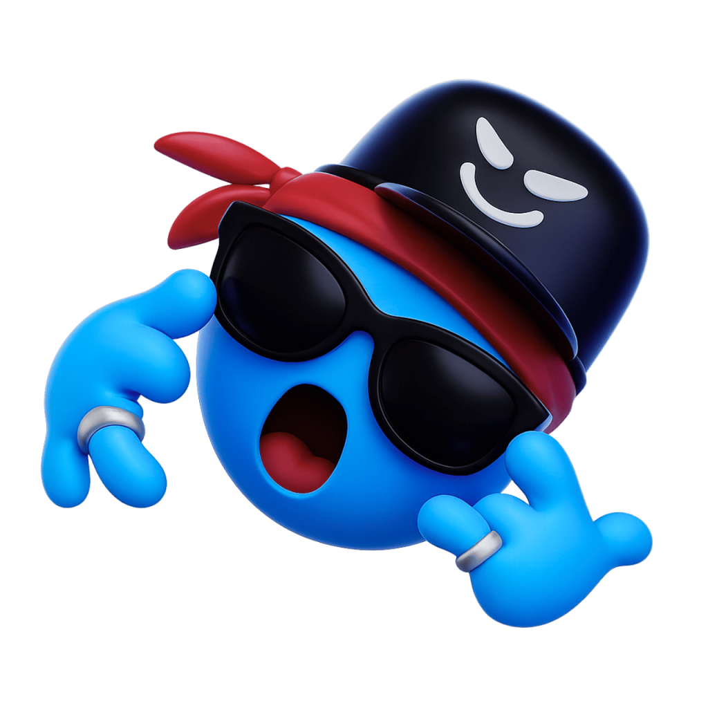 Hip-hop smiley emoji with blue face, sunglasses, hat, and red bandana style