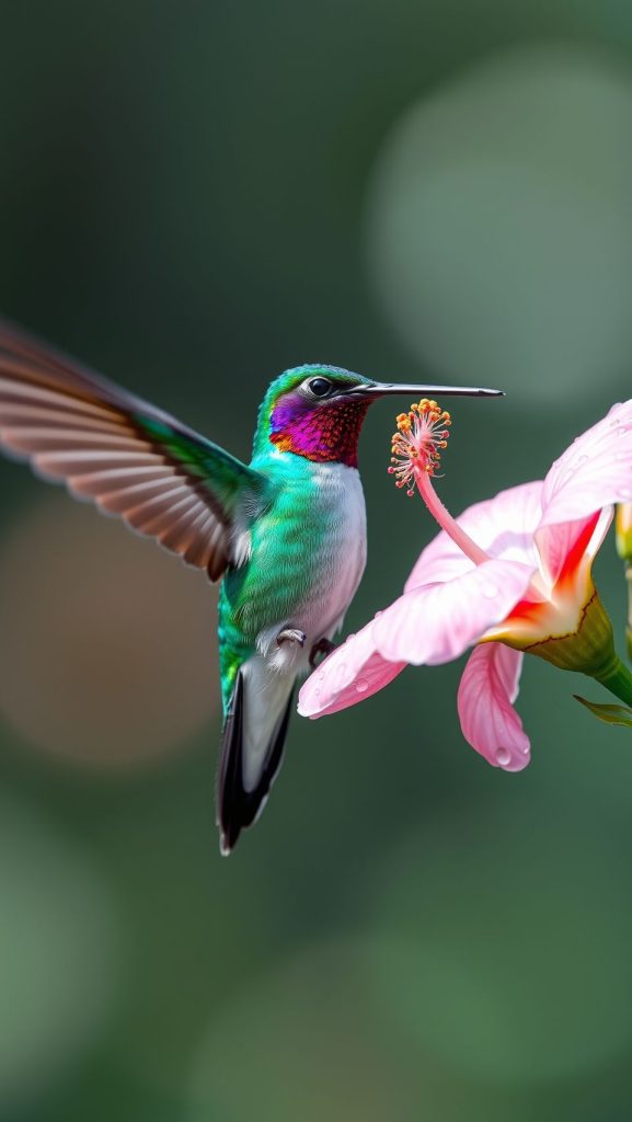 Vibrant green hummingbird hovering near pink flower with detailed wings.