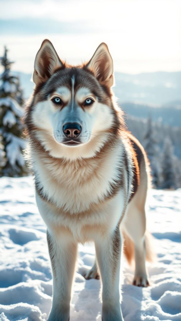 High resolution husky dog standing in snow-covered mountain landscape, with blue eyes and winter backdrop.