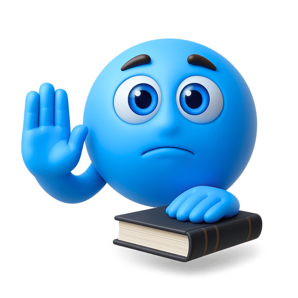 Blue 3D I Swear emoji holding book with raised hand making promise gesture
