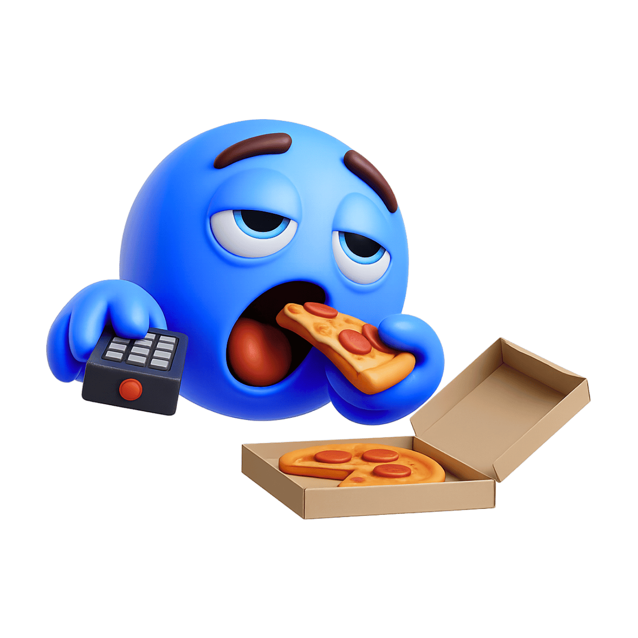 Blue emoji character eating pizza while watching TV and holding a remote control.