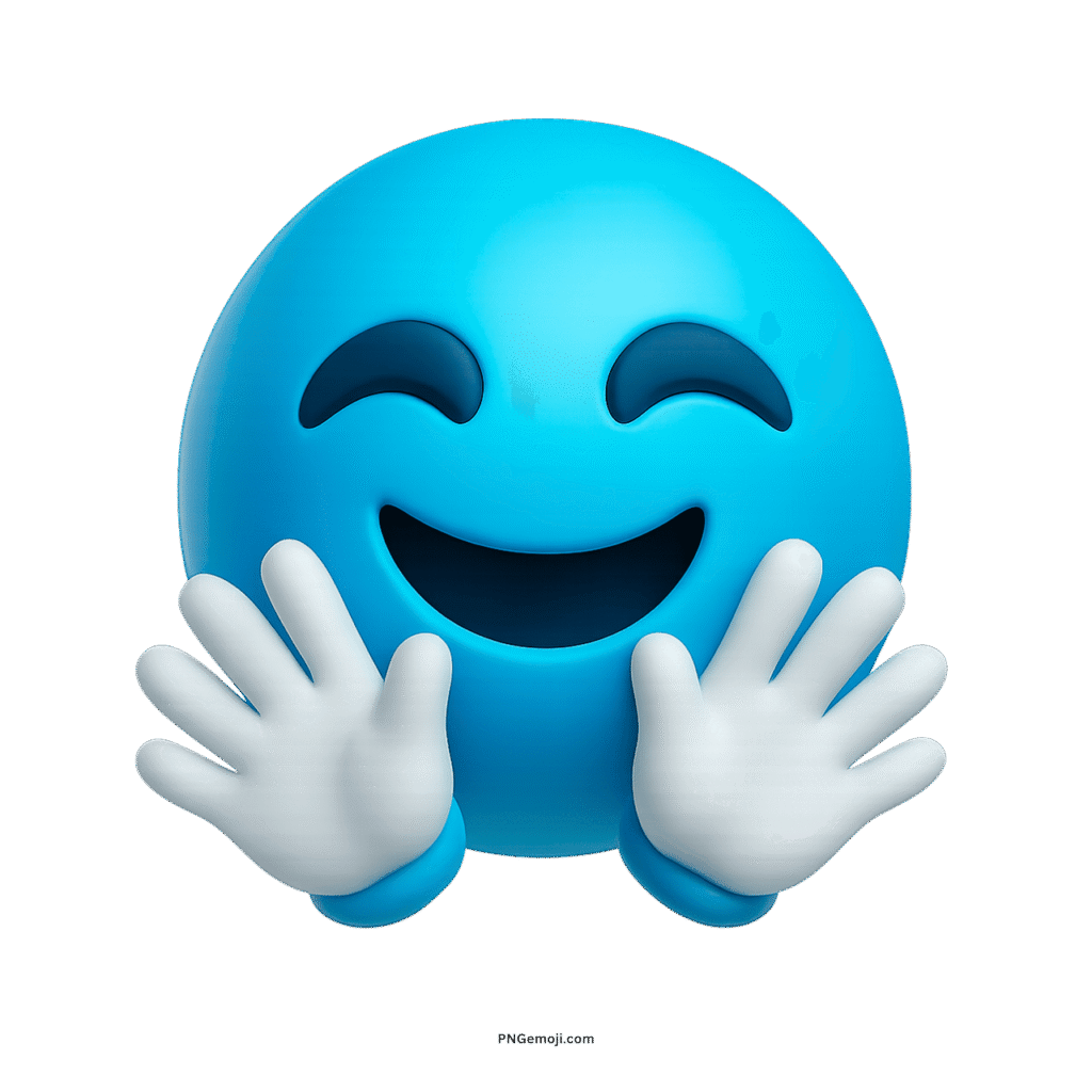 3D light blue smiling face with open hands emoji showing joy, hugs, and friendliness