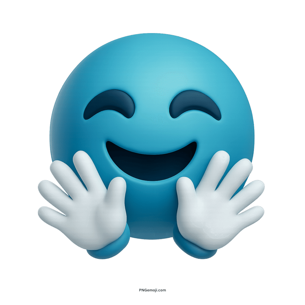 3D light blue smiling face emoji with open hands symbolizing hugs, joy, and affection
