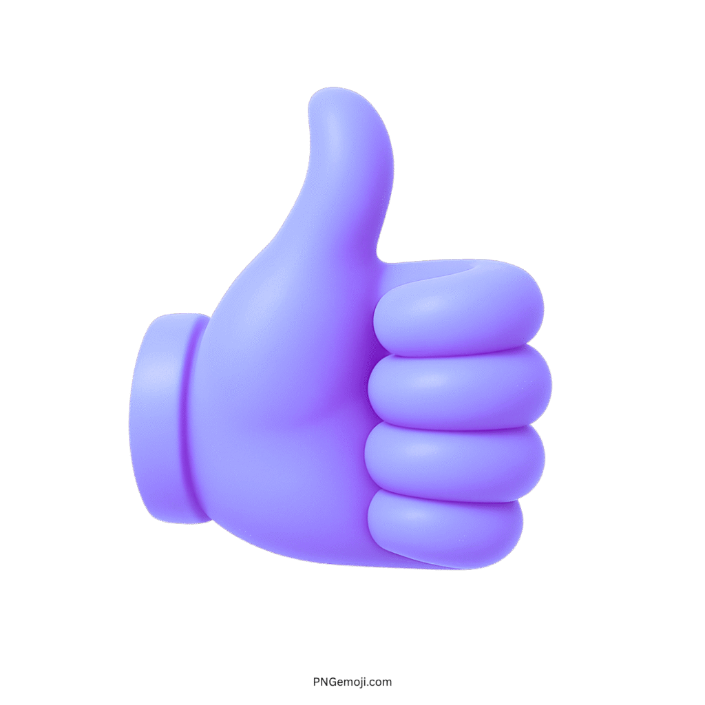 3D light purple thumbs up emoji gesture symbol on transparent background.