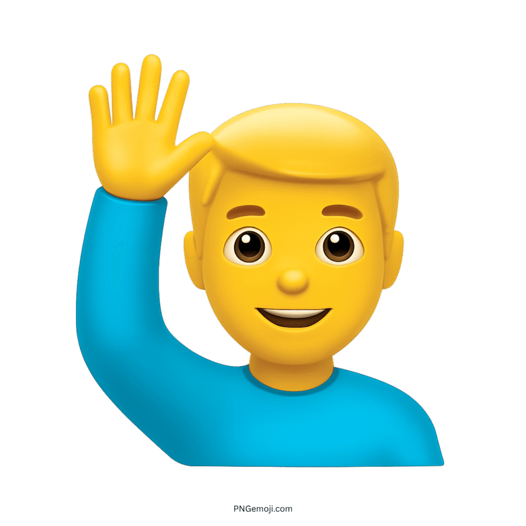 Man emoji raising his hand, smiling, wearing a blue shirt and blonde hair.