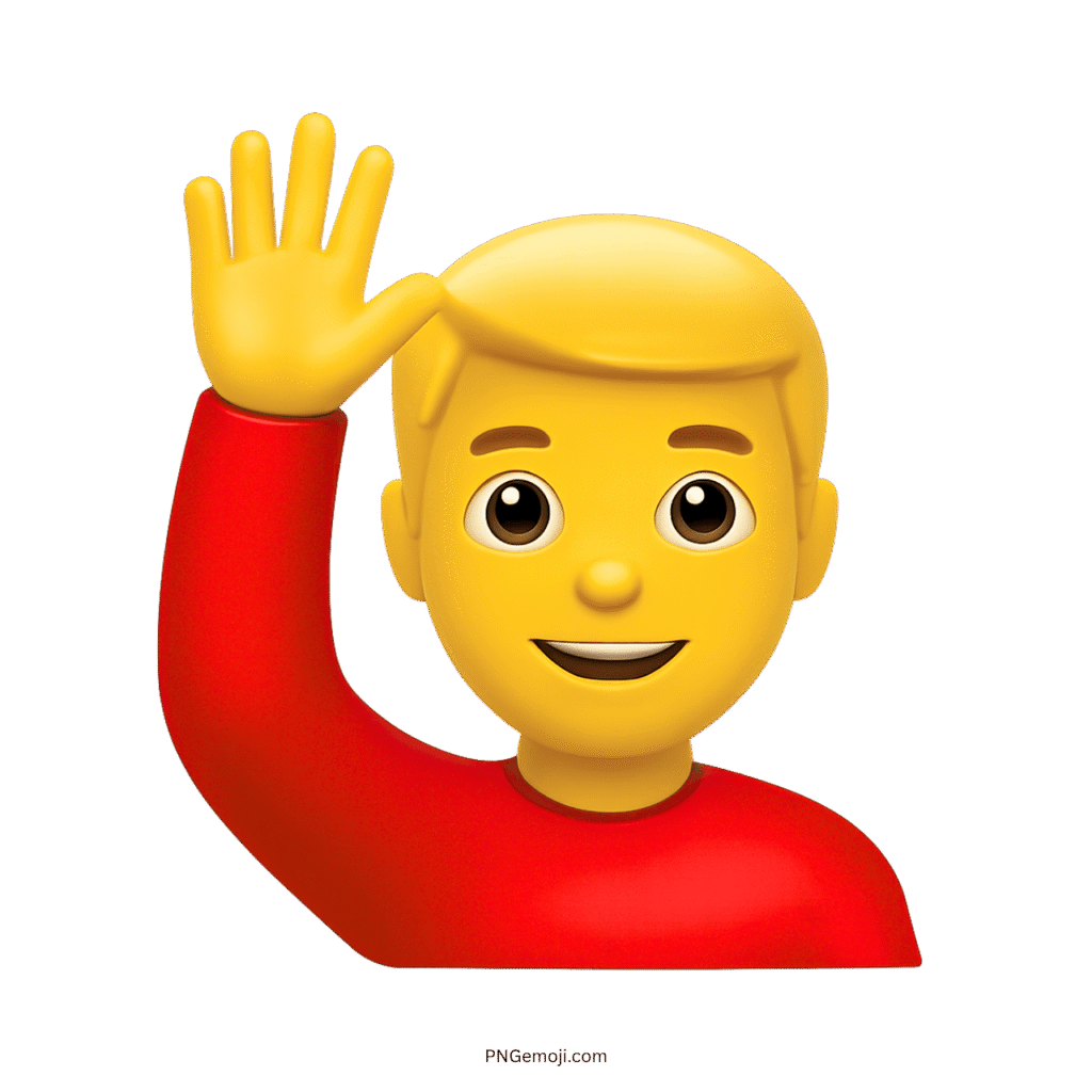 Man emoji with a raised hand, smiling, wearing a red shirt and blonde hair.
