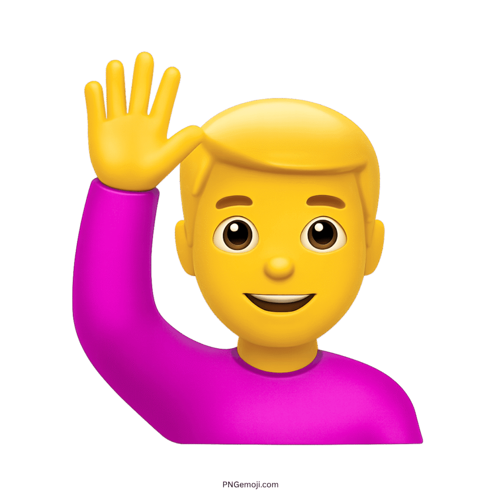 Man emoji raising his hand, smiling, wearing a magenta shirt and blonde hair.