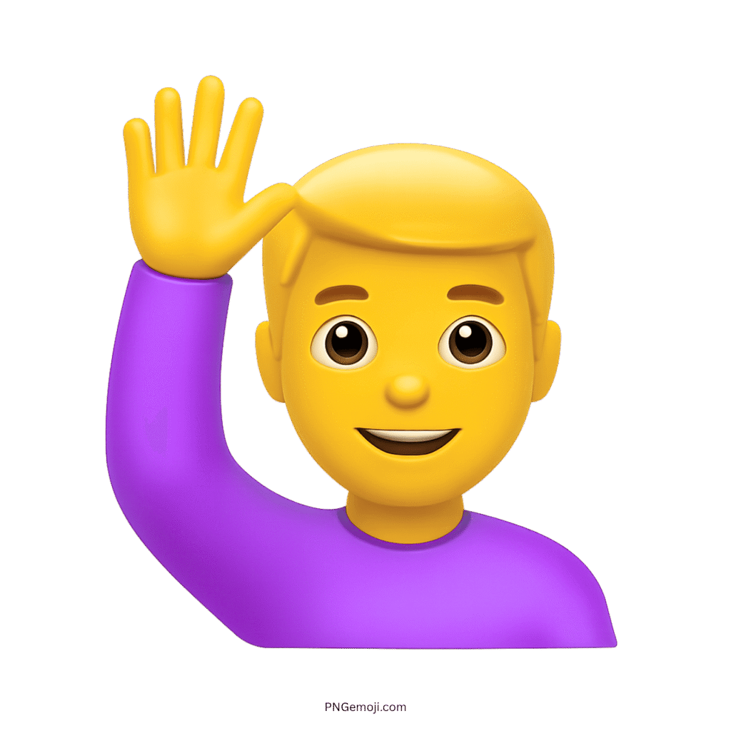 Man emoji raising his hand, smiling, wearing a purple shirt and blonde hair.