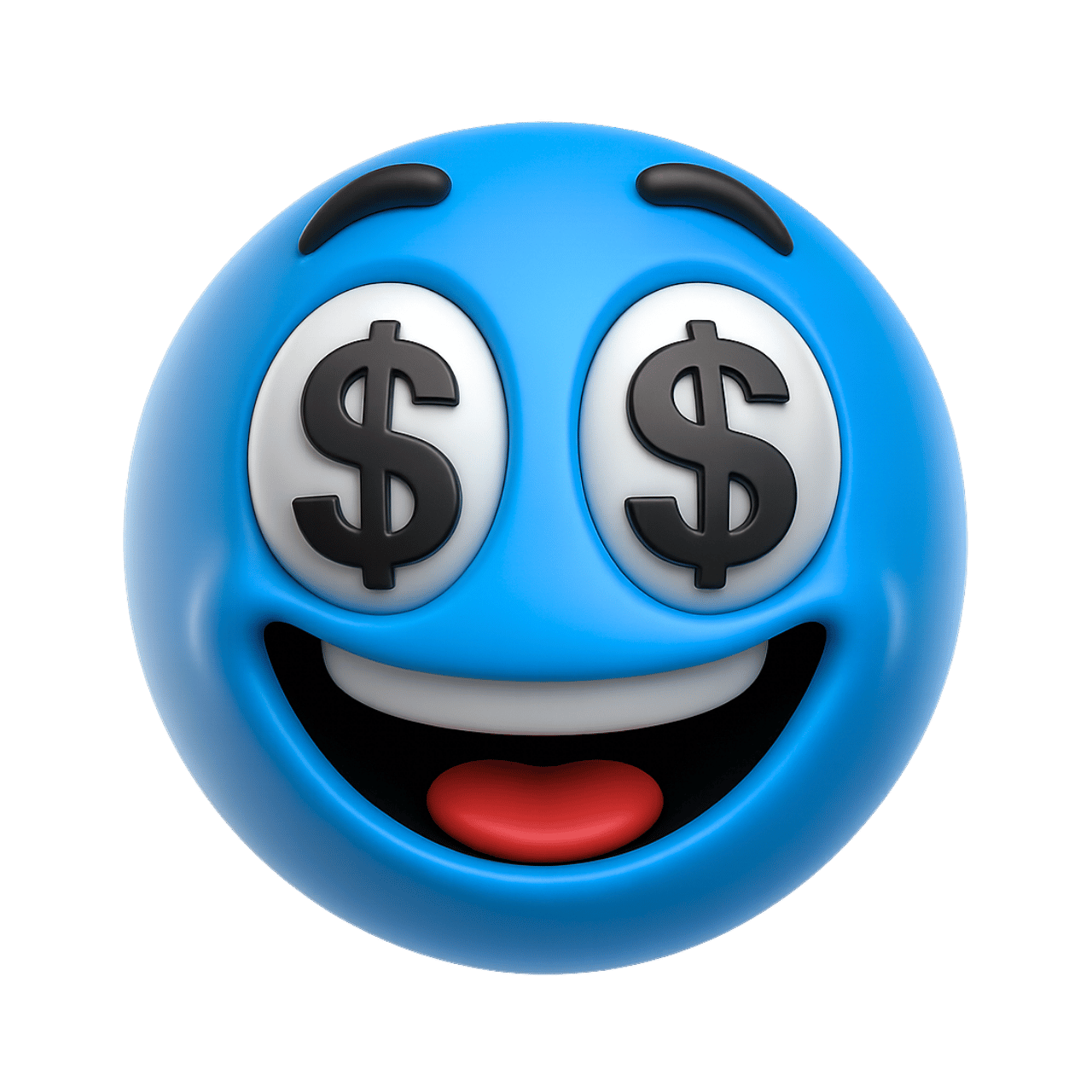 Blue money eyes emoji with dollar sign eyes and happy smiling face expression