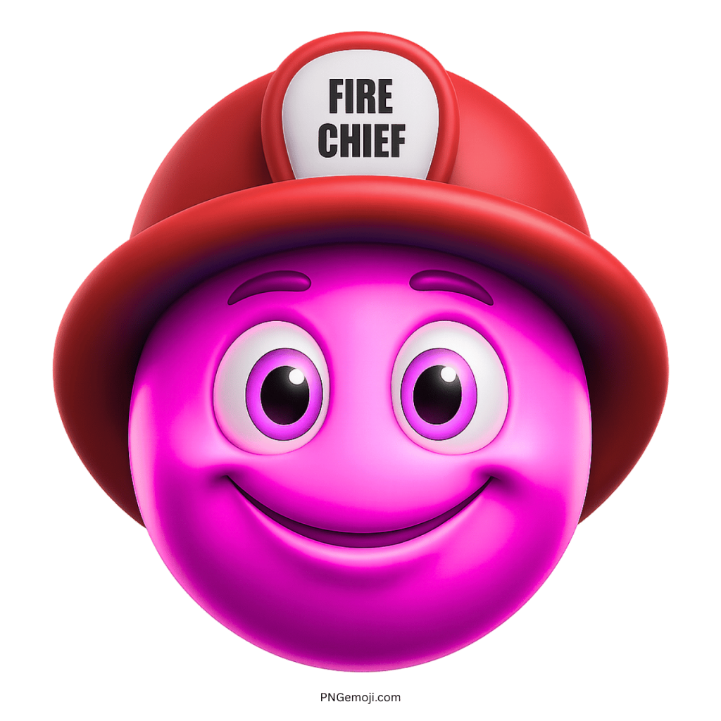 Pink smiling emoji face wearing a red fire chief helmet
