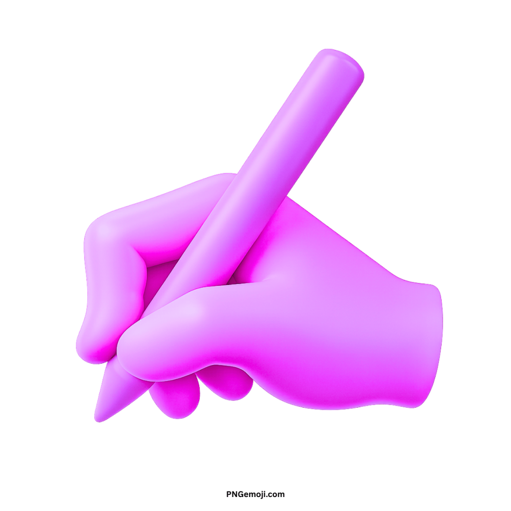 3D pink hand holding pen emoji symbolizing writing, creativity, and digital communication