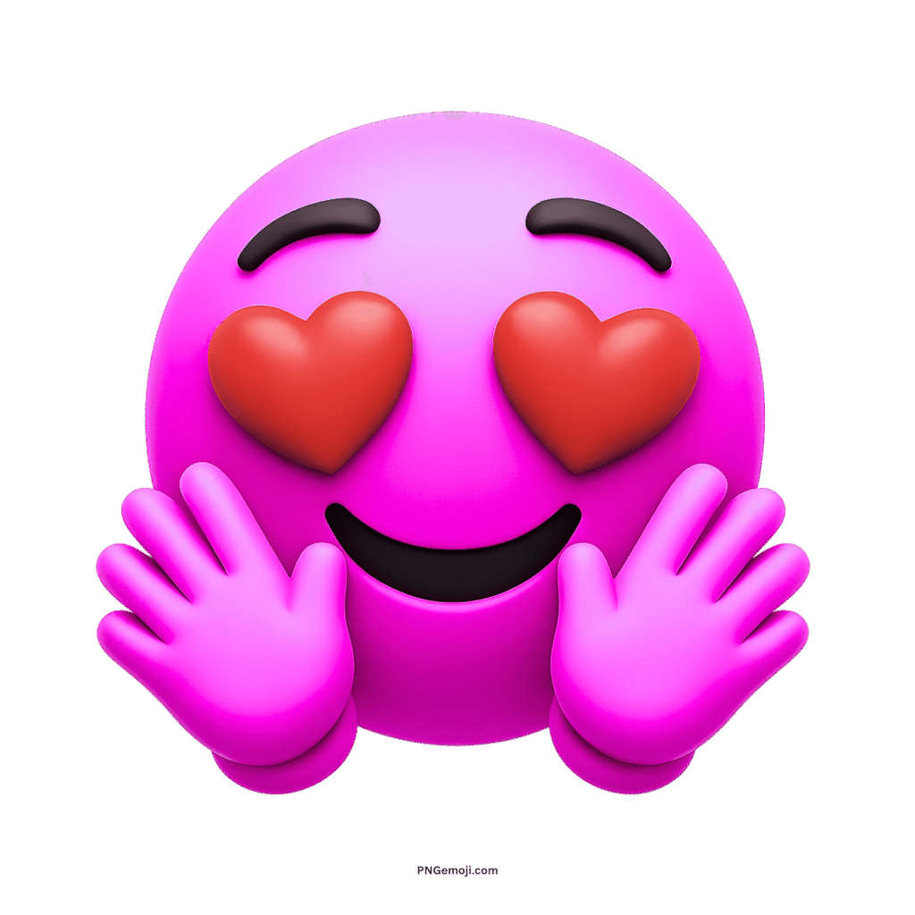 Pink hugging face emoji with red heart eyes expressing love, admiration, and joy