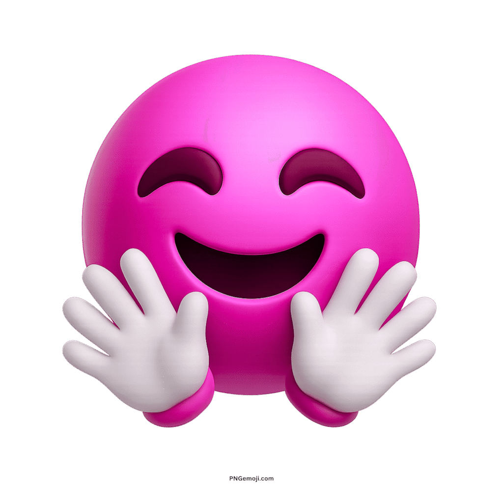 3D pink smiling face with open hands emoji symbolizing hugs, joy, and positivity