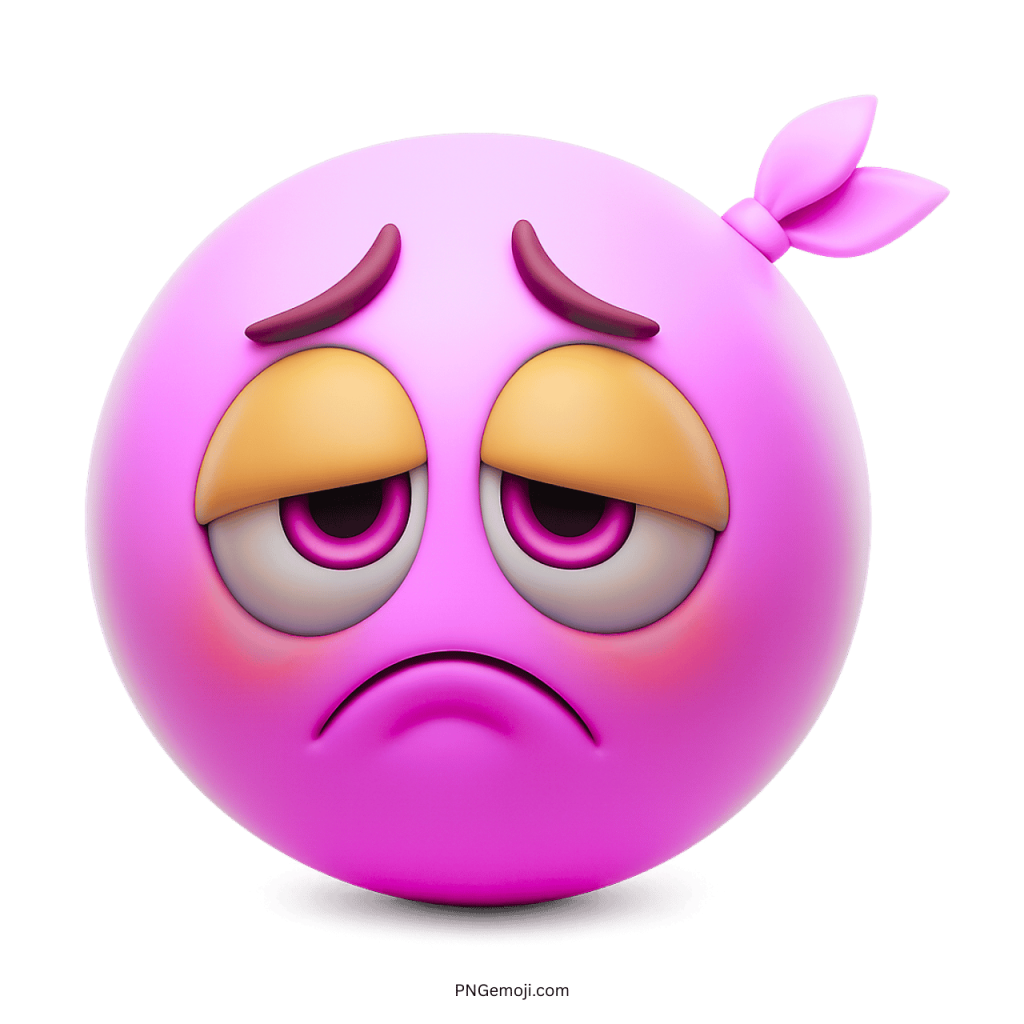 Pink tired emoji face with droopy eyes and sad unwell look