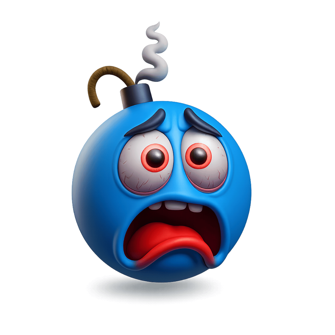 Poof emoji blue bomb cartoon with scared face and expressive wide red eyes