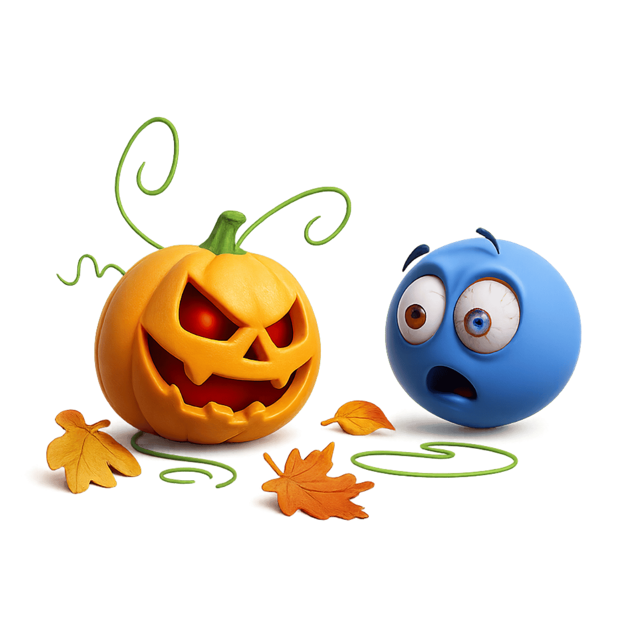 Scary pumpkin creep emoji with glowing eyes and shocked blue emoji expression for Halloween theme