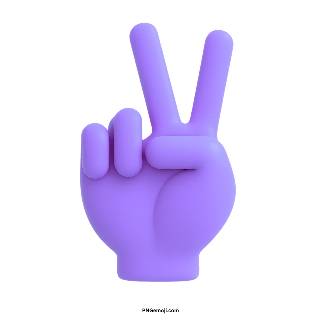 3D purple victory hand emoji showing peace sign with two raised fingers gesture