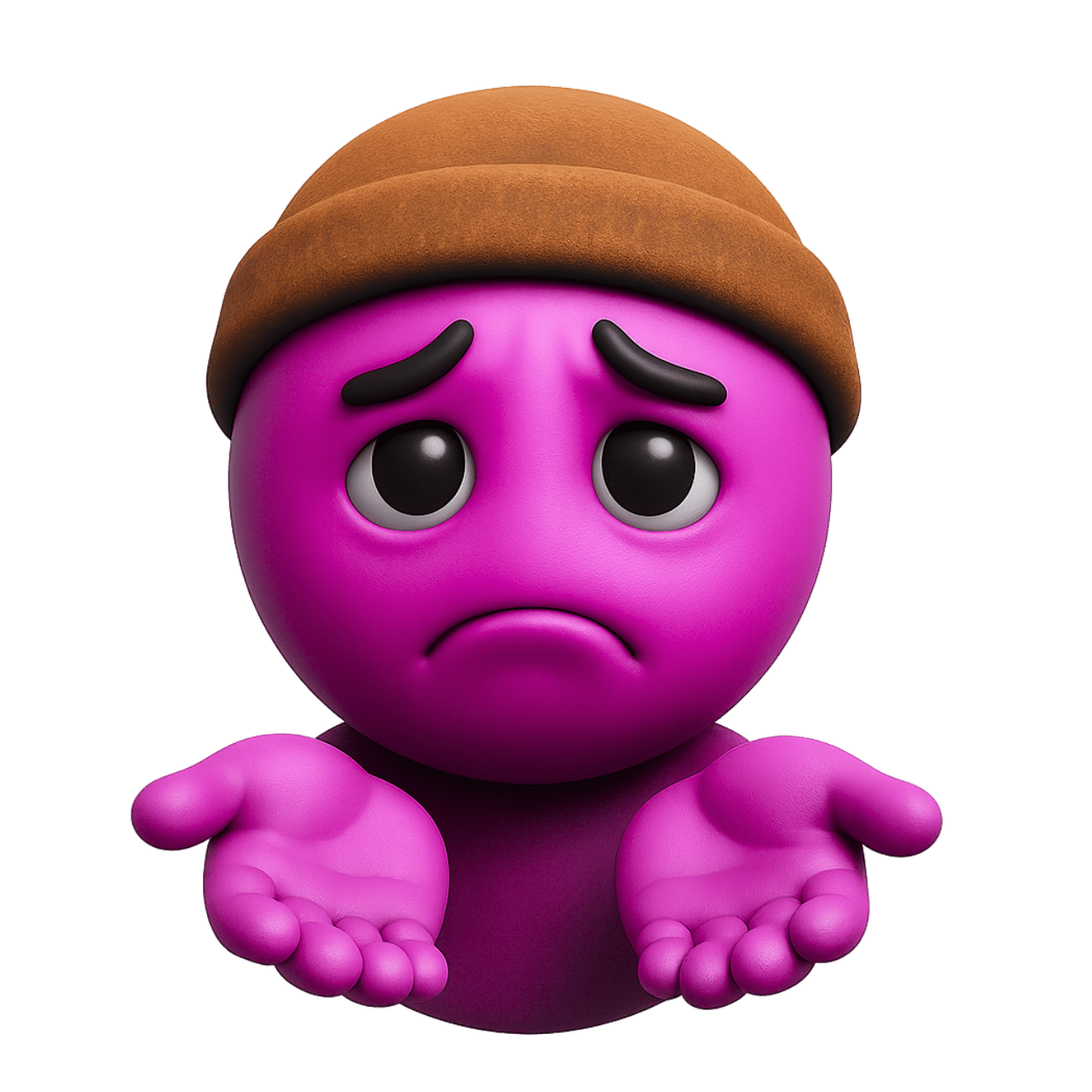 Purple sad beggar emoji showing empty hands with brown hat expressing helplessness and need
