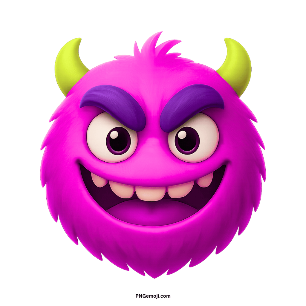 Purple furry enemy monster emoji with yellow horns, bold eyebrows, and wide mischievous smiling face