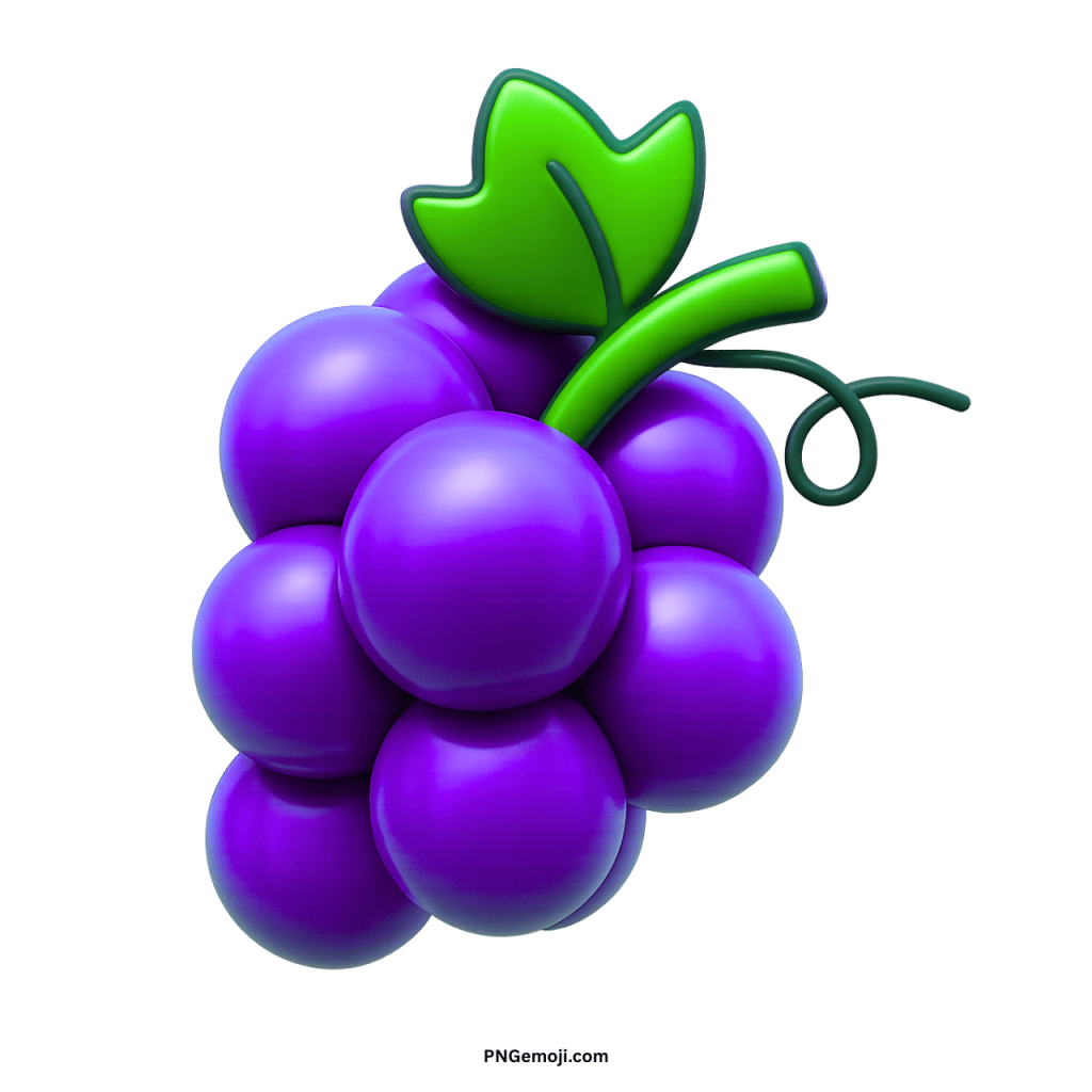 Purple grapes emoji fruit bunch digital icon with glossy shine, green stem and leaf