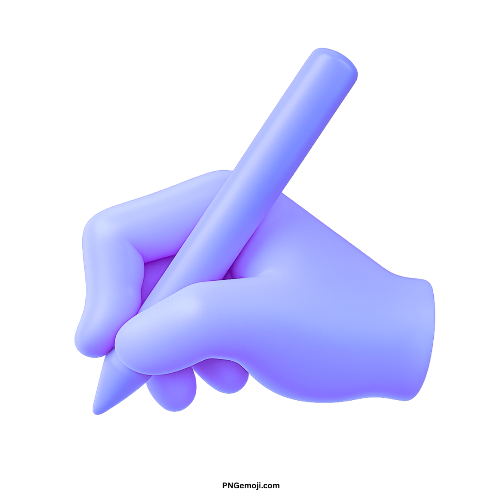 3D purple hand holding pen emoji representing writing, study, and creative communication