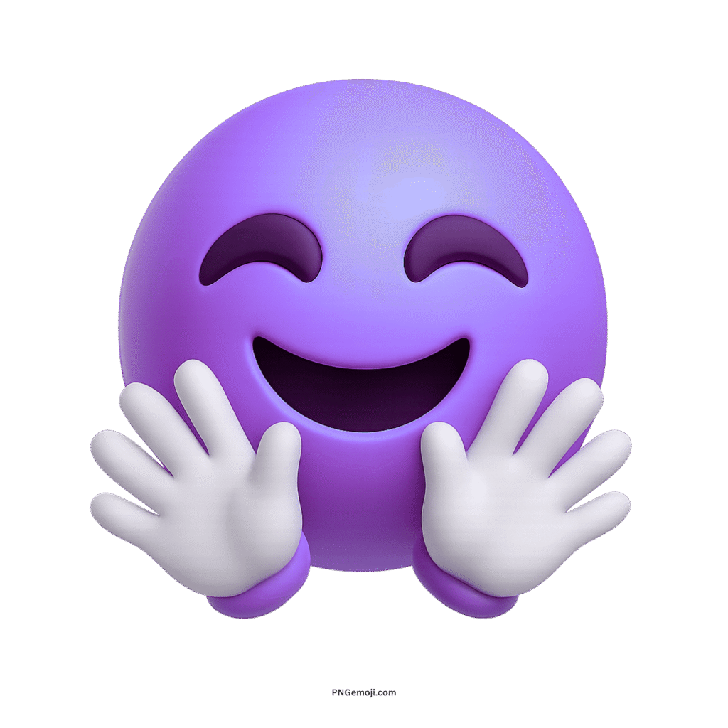 3D purple smiling face with open hands emoji expressing hugs, joy, and affection